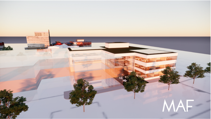 Bilden är en arkitektskiss som visar hur Pensionsmyndighetens kontor i Luleå är tänkt att se ut när det står klart i mitten av 2023.