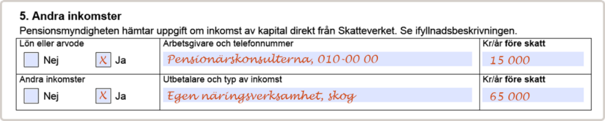 Fyll i om du har andra inkomster, vilken utbetalare och belopp i kronor per år.