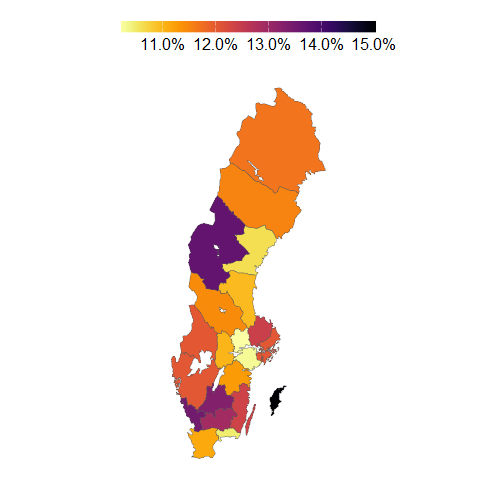 Kartdiagram som visar andel jobbonärer per lan