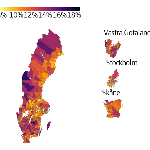 Kartdiagram som visar andel jobbonärer per kommun