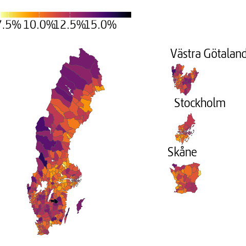 Kartdiagram som visar andel jobbonärer per kommun