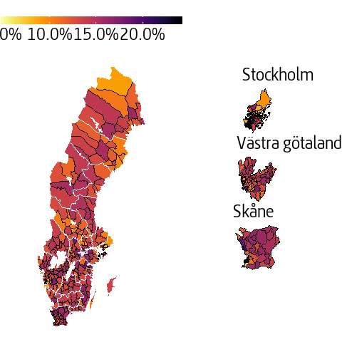 Andel pensionärer med bostadstillägg på olika orter